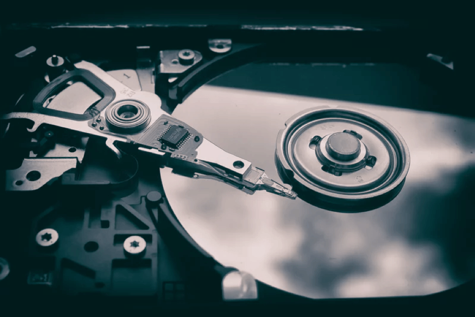 An opened hard disk drive