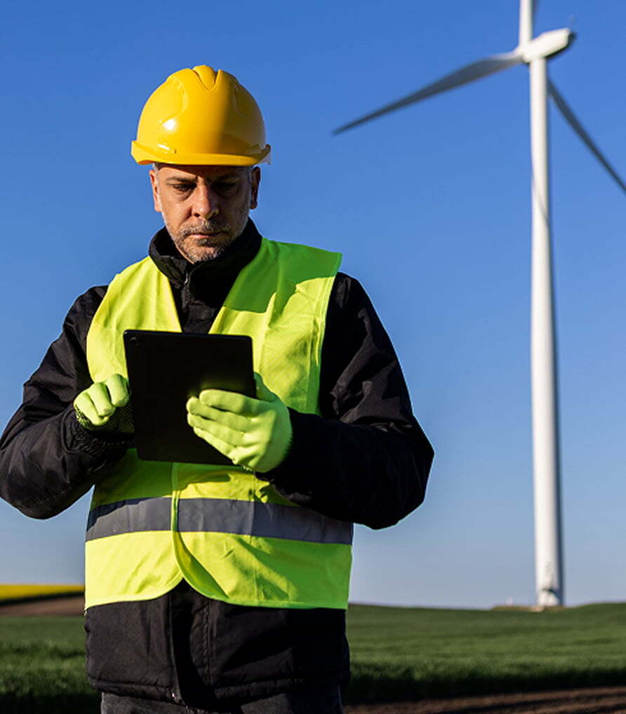 Utilities and power generation field technician reviewing tablet data at a wind turbine site